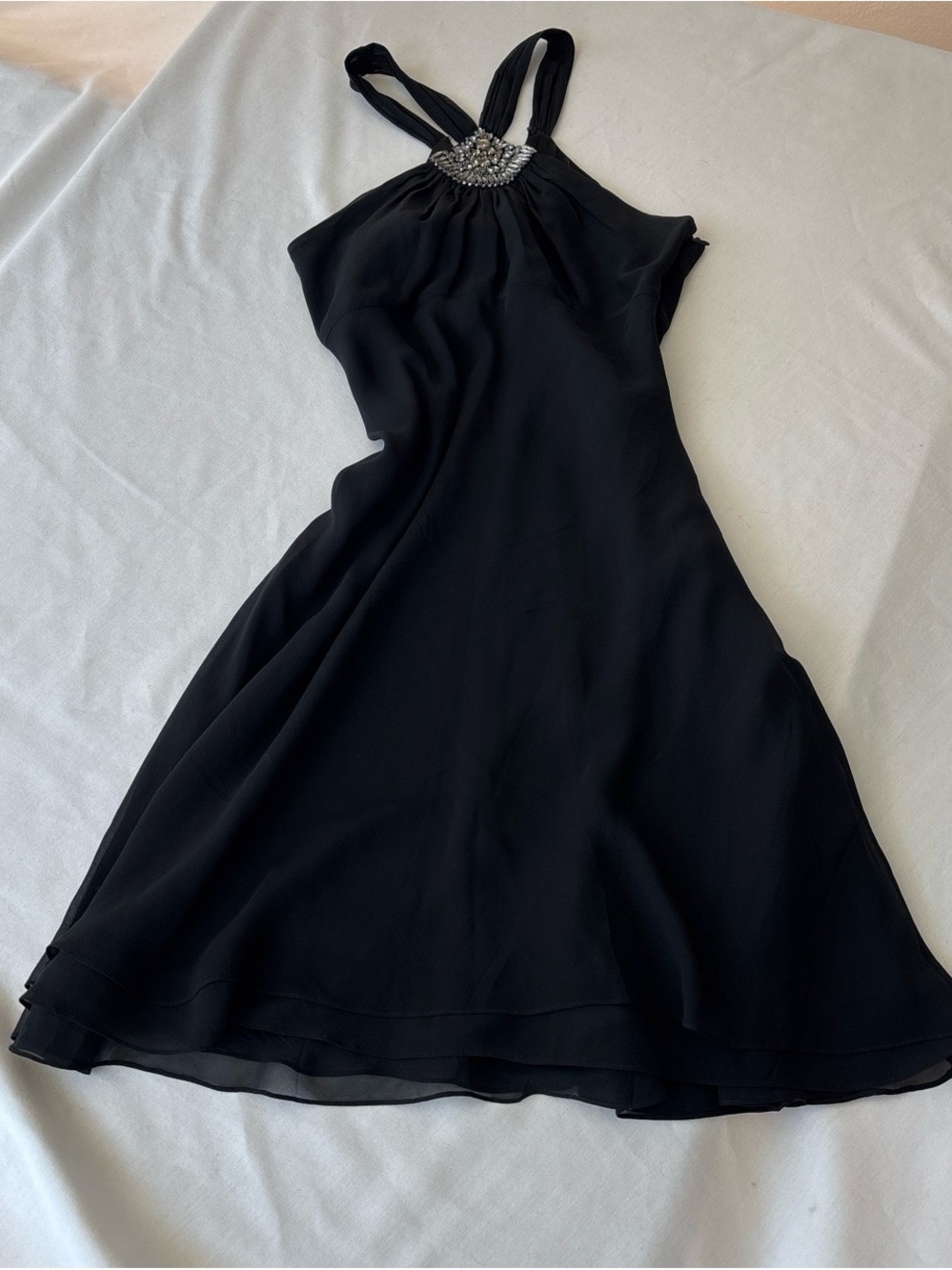 Ann Taylor Black Halter Chiffon Silk Beaded A-Line Knee Dress Lined 8